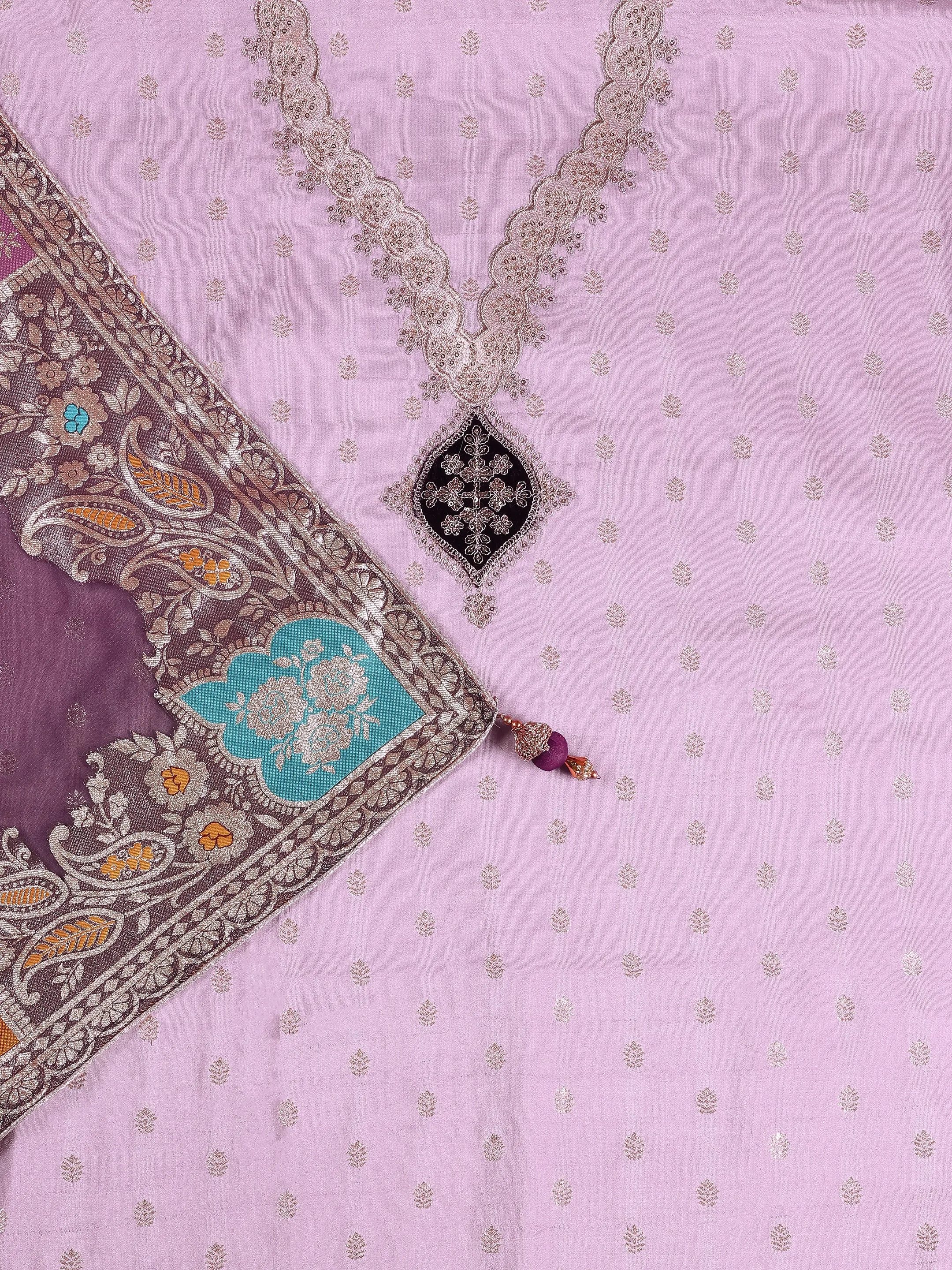 Purple Embroidered Silk Blend Dress Material With Dupatta