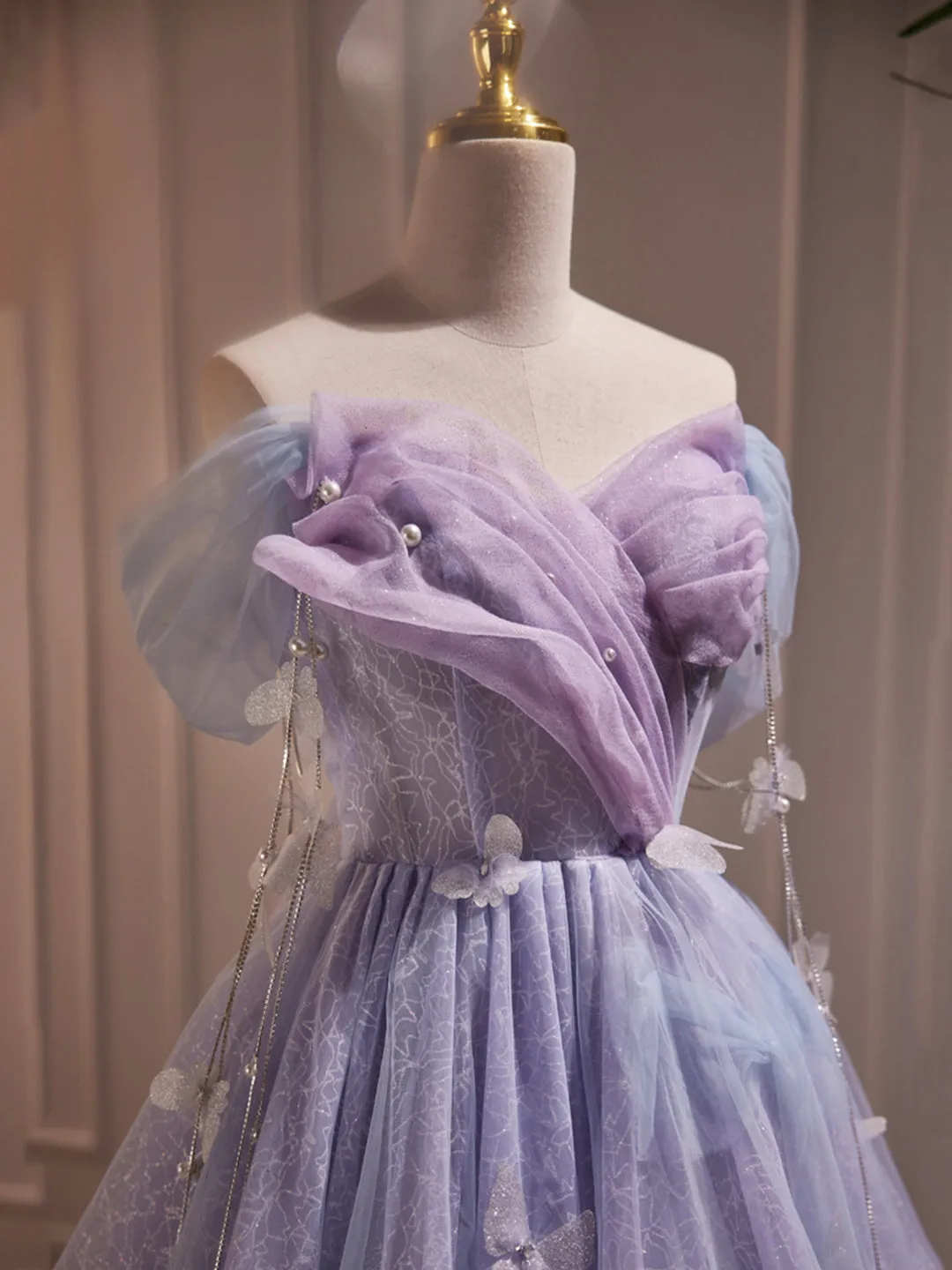 Purple Tulle Knee Length Birthday Party Formal Dress Off the Shoulder Purple Prom Dress