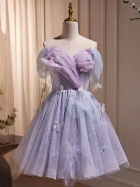 Purple Tulle Knee Length Birthday Party Formal Dress Off the Shoulder Purple Prom Dress