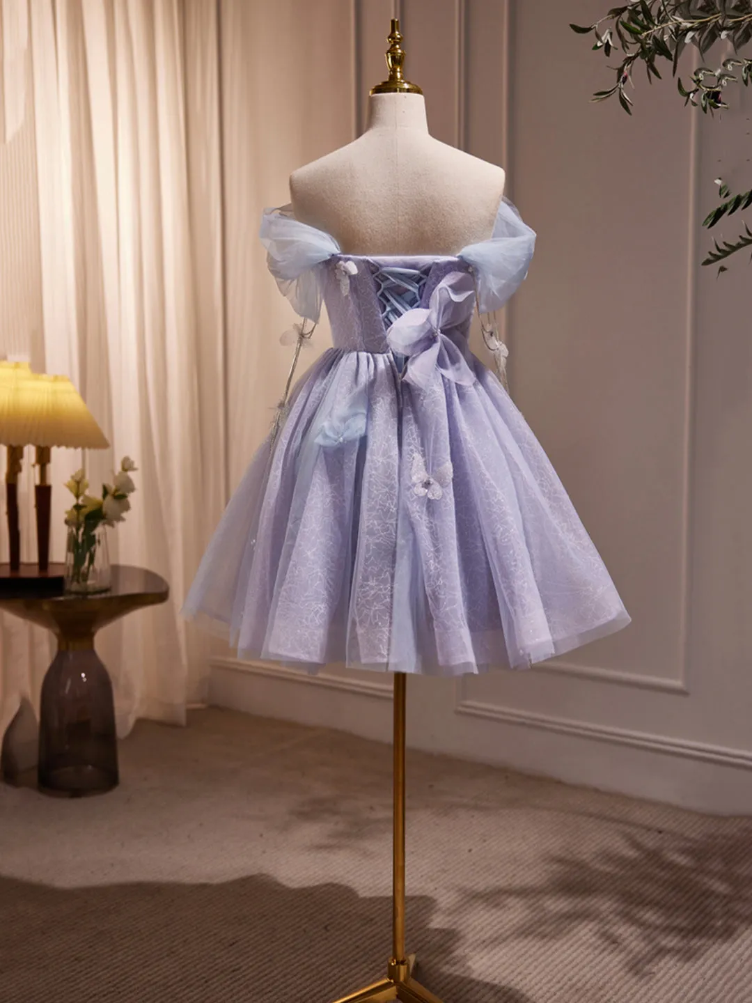 Purple Tulle Knee Length Birthday Party Formal Dress Off the Shoulder Purple Prom Dress