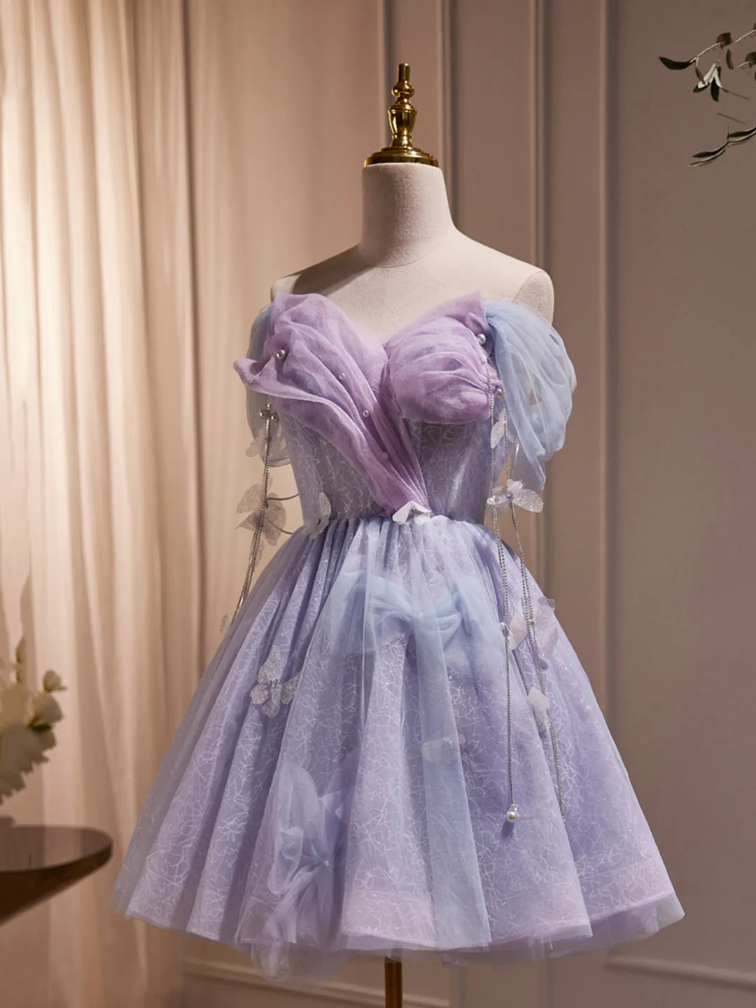 Purple Tulle Knee Length Birthday Party Formal Dress Off the Shoulder Purple Prom Dress