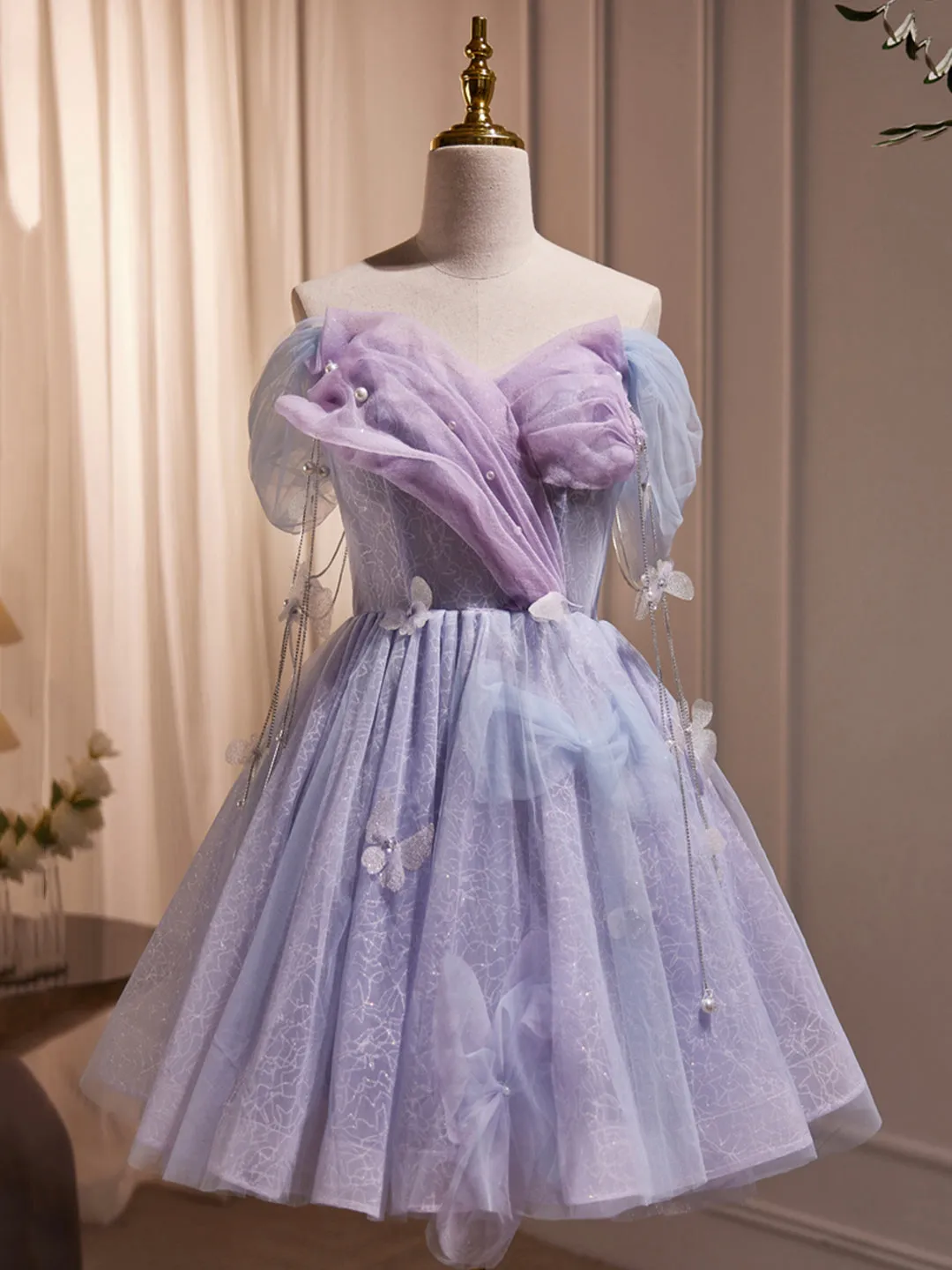 Purple Tulle Knee Length Birthday Party Formal Dress Off the Shoulder Purple Prom Dress