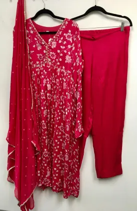 RBD029-Pink front slit chinnon suit with dupatta.