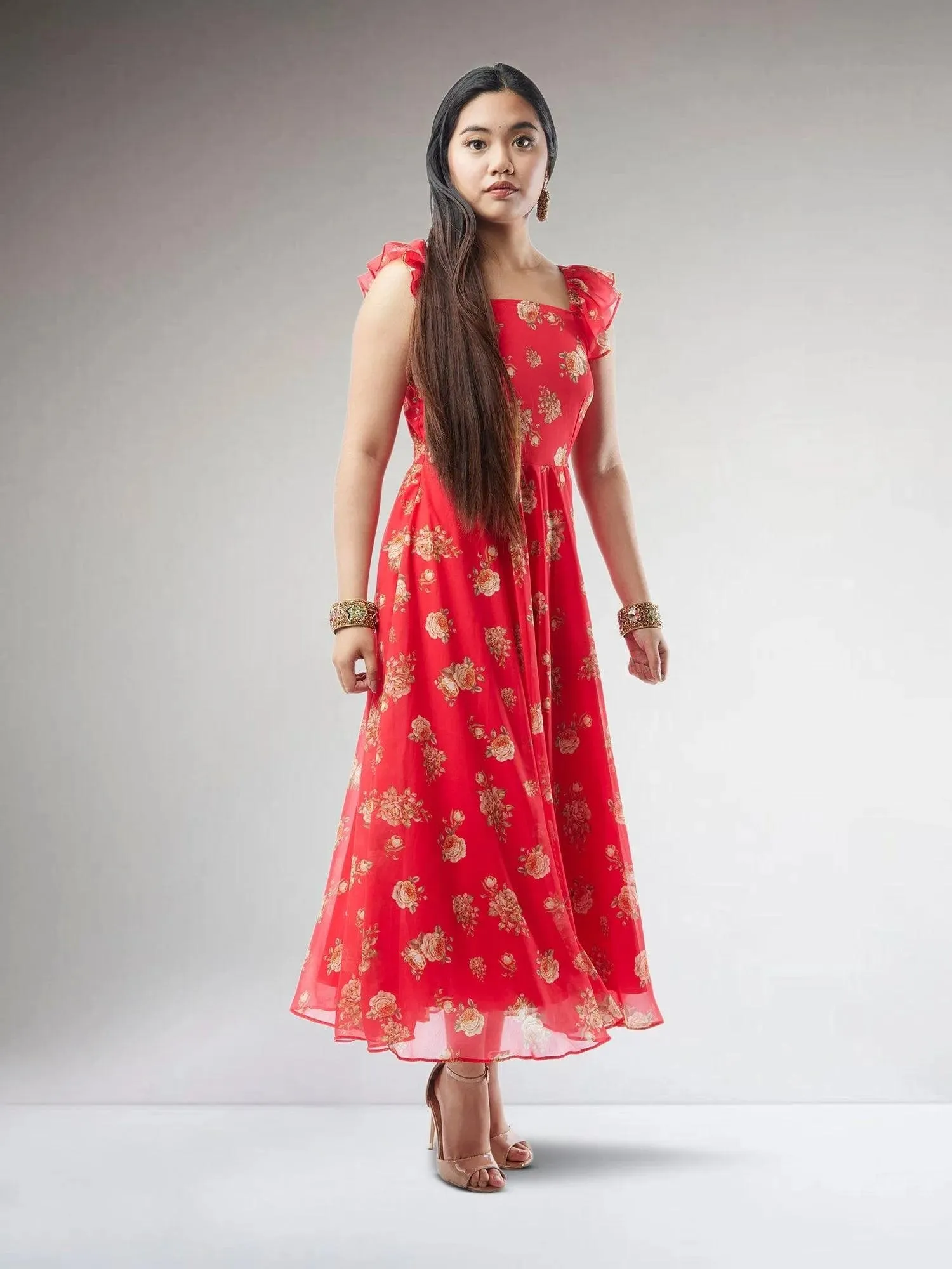 Red Printed Chiffon Ankle Length Indo Western Dress