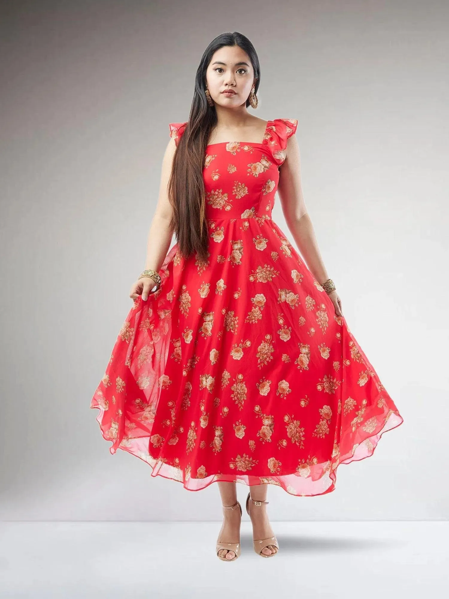 Red Printed Chiffon Ankle Length Indo Western Dress