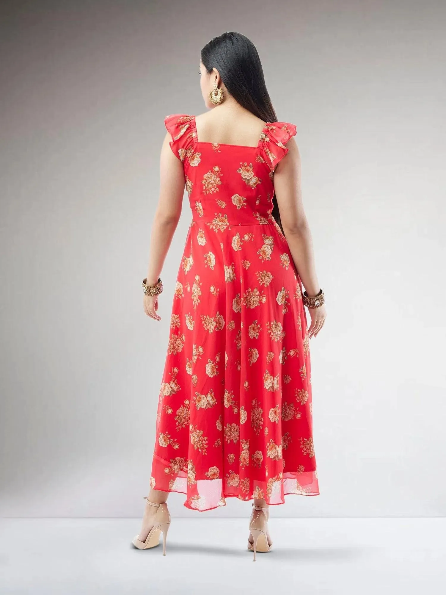 Red Printed Chiffon Ankle Length Indo Western Dress