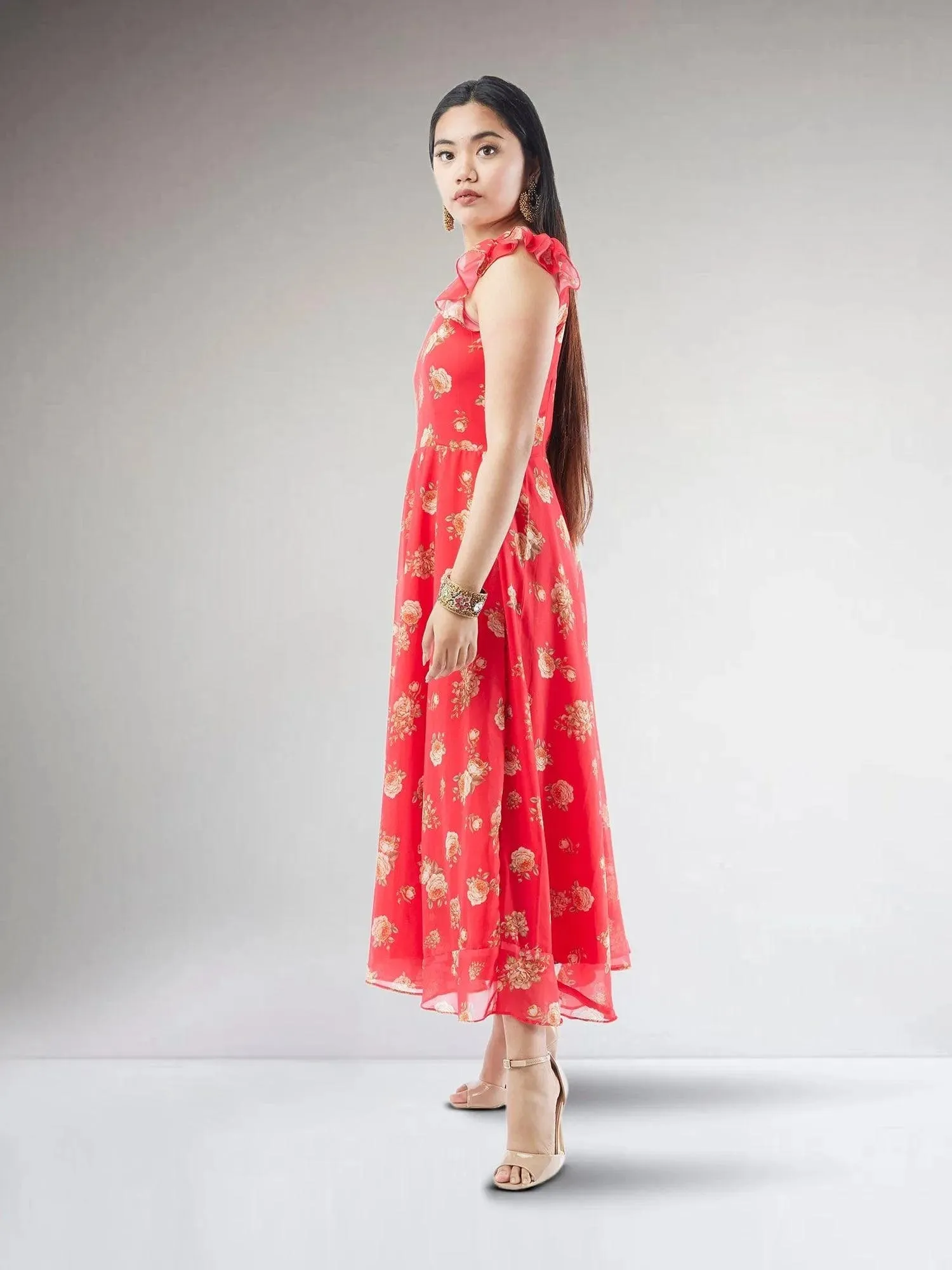 Red Printed Chiffon Ankle Length Indo Western Dress