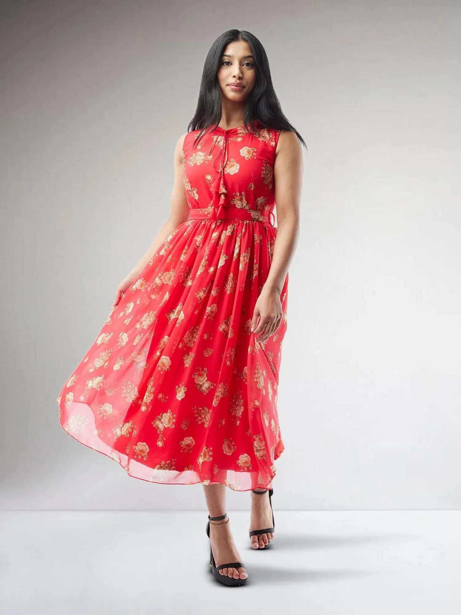 Red Printed Chiffon Knee Length Indo Western Dress
