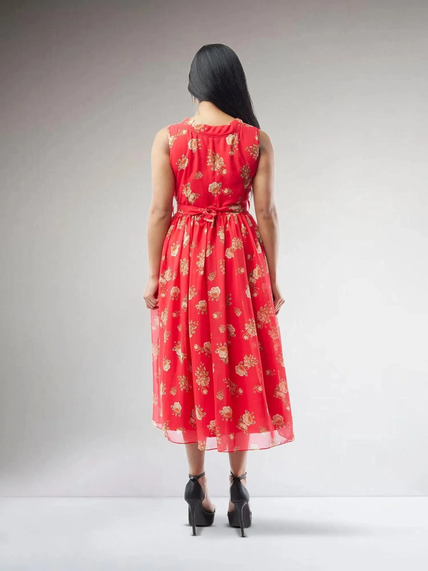 Red Printed Chiffon Knee Length Indo Western Dress