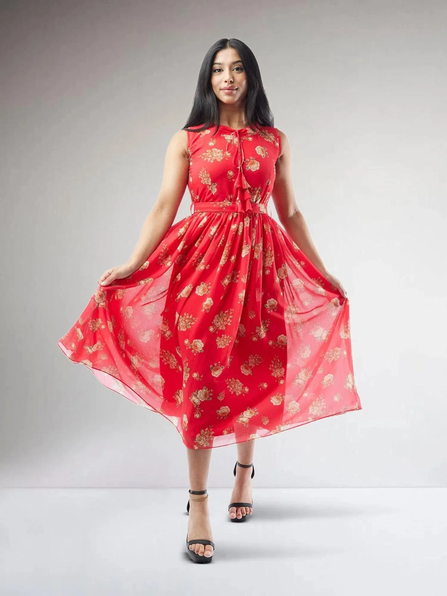Red Printed Chiffon Knee Length Indo Western Dress