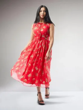 Red Printed Chiffon Knee Length Indo Western Dress