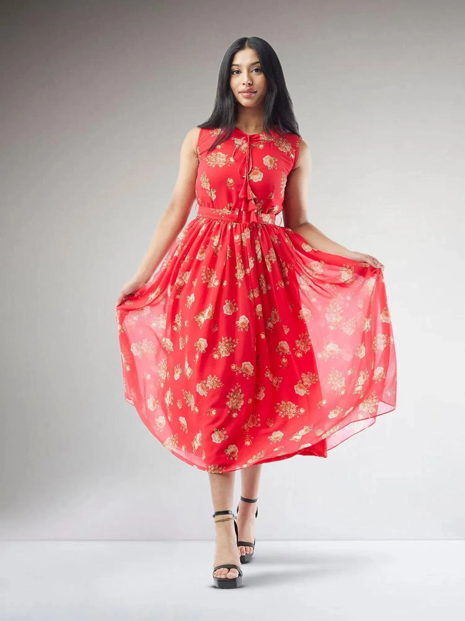 Red Printed Chiffon Knee Length Indo Western Dress