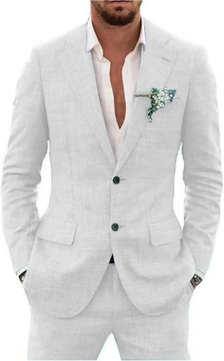 Retro Linen Men Suit 2 Piece Suit Slim Fit Two Button Suit Jacket Wedding Groomsmen Summer Beach Blazer Pants Tuxedo