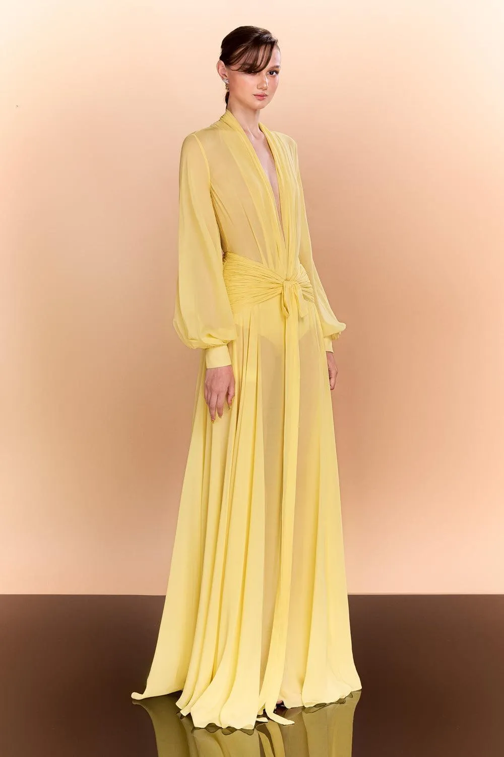 Reyna A-line Bishop Sleeved Chiffon Floor Length Dress