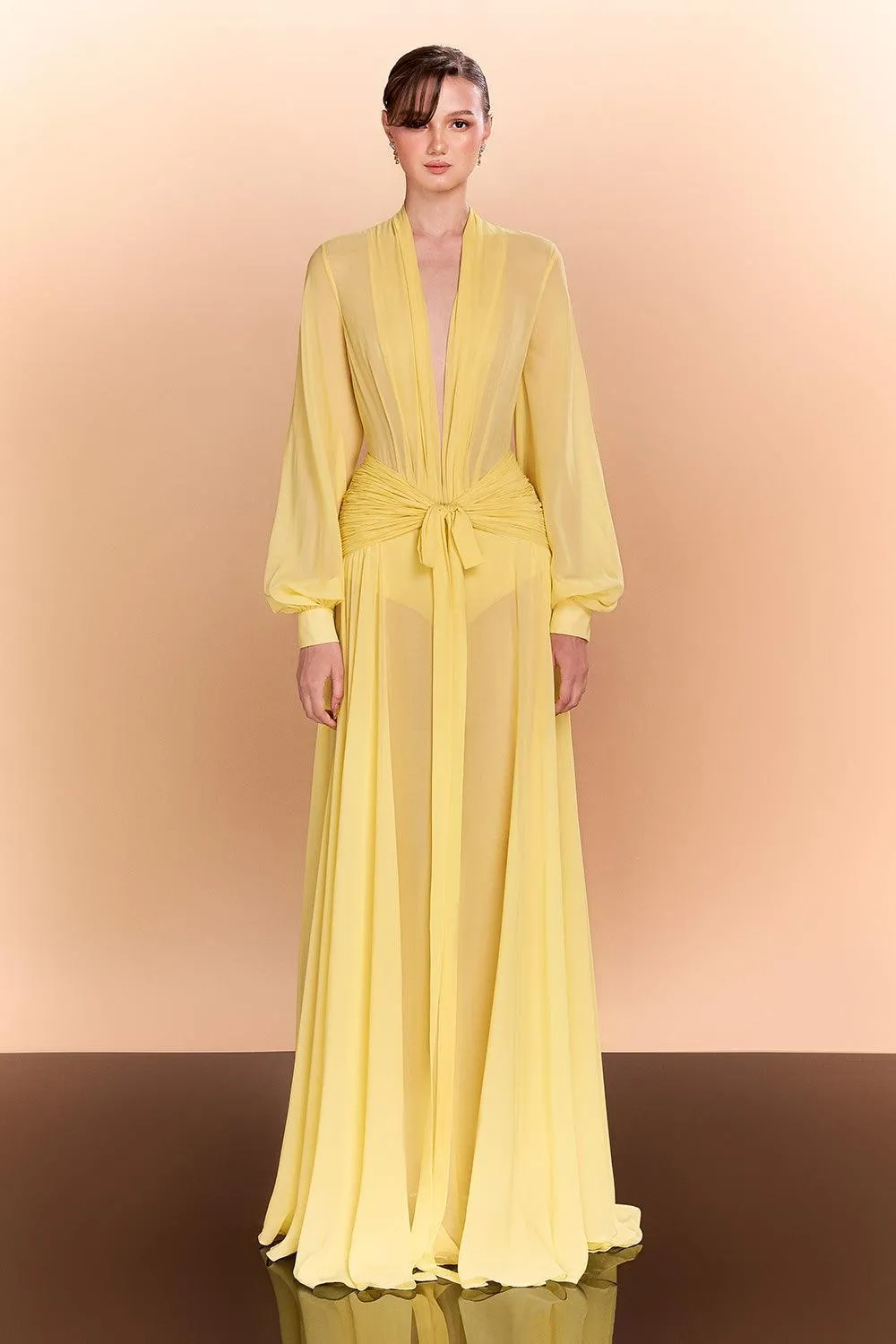 Reyna A-line Bishop Sleeved Chiffon Floor Length Dress