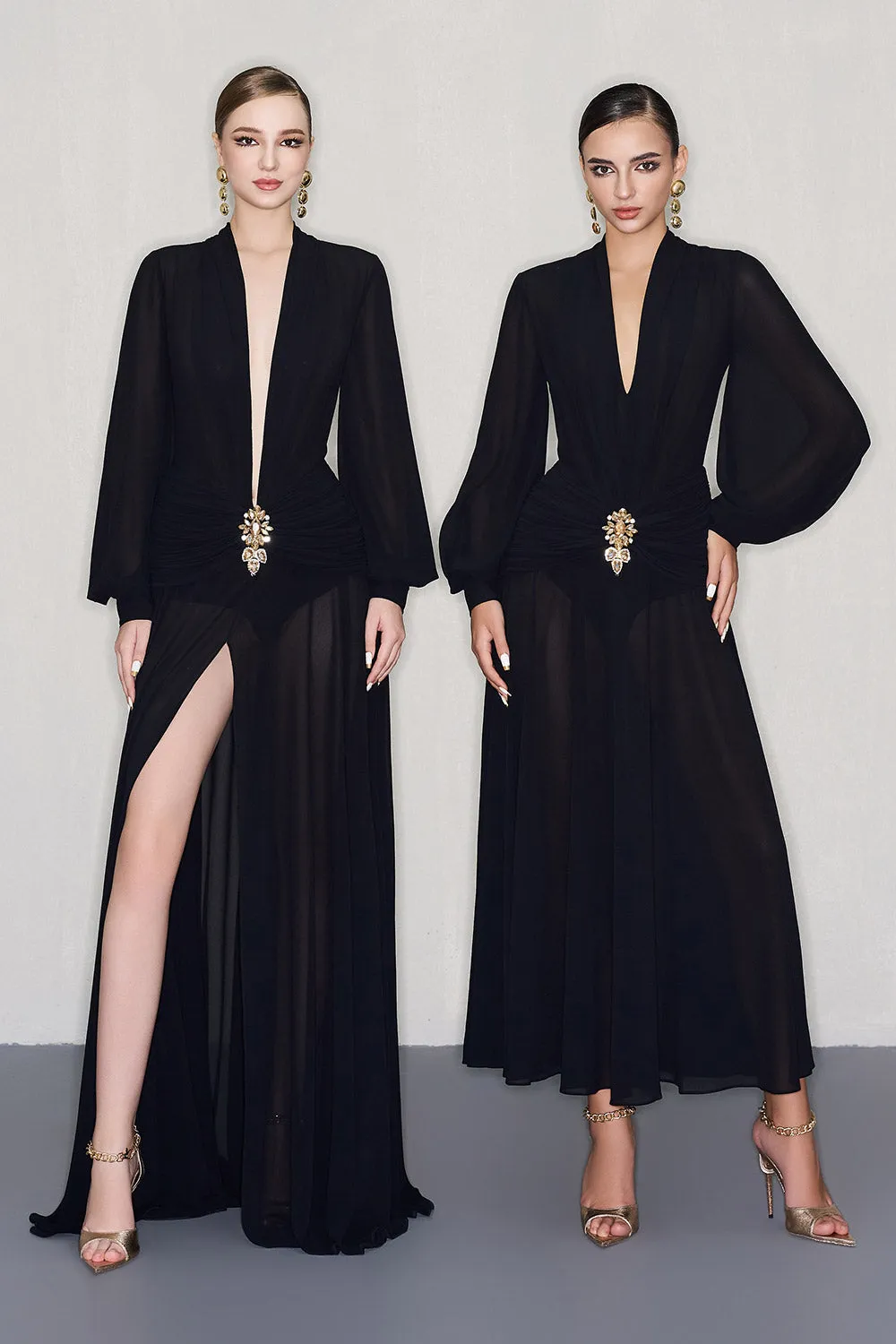 Reyna A-line Bishop Sleeved Chiffon Floor Length Dress