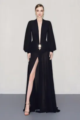 Reyna A-line Bishop Sleeved Chiffon Floor Length Dress