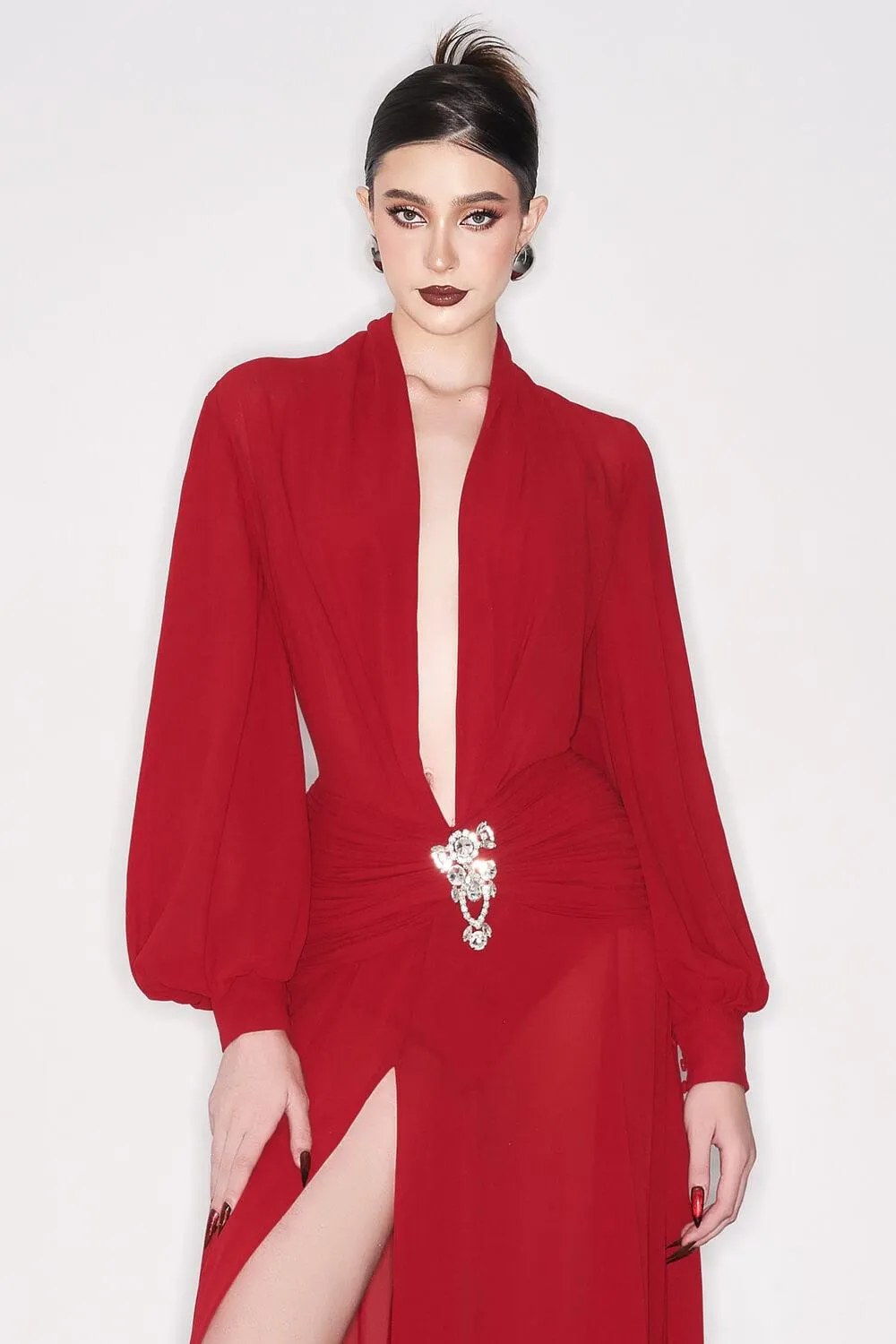 Reyna A-line Bishop Sleeved Chiffon Floor Length Dress
