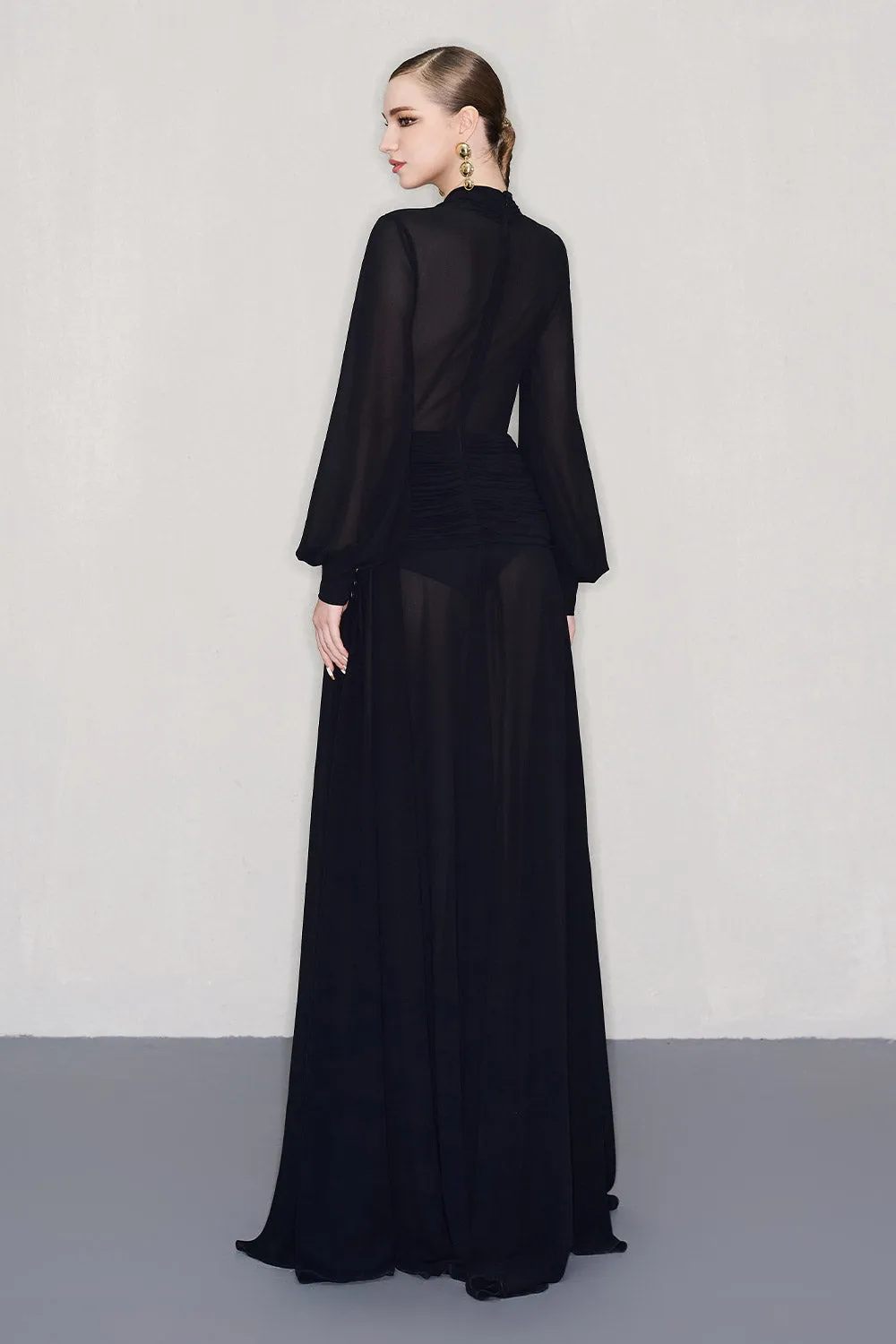 Reyna A-line Bishop Sleeved Chiffon Floor Length Dress