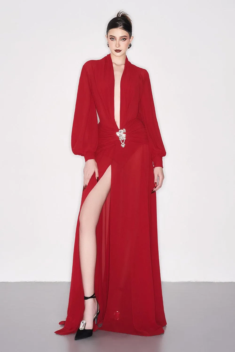 Reyna A-line Bishop Sleeved Chiffon Floor Length Dress