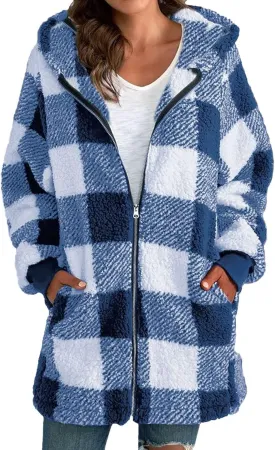 Shackets for Women 2024 Fall Zip Up Fuzzy Flannel Plaid Jacket Plus Size Casual Warm Winter Fleece Long Hoodie