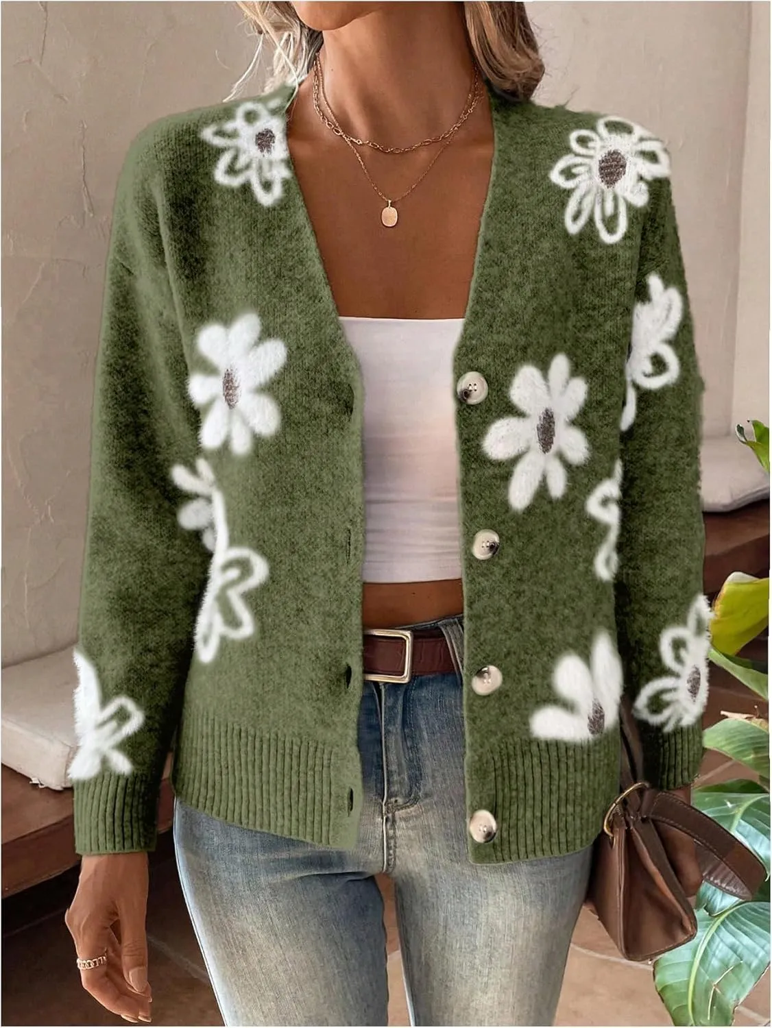 SHENHE Women's Floral Print Button Down Cardigan V Neck Drop Shoulder Knit Outerwear