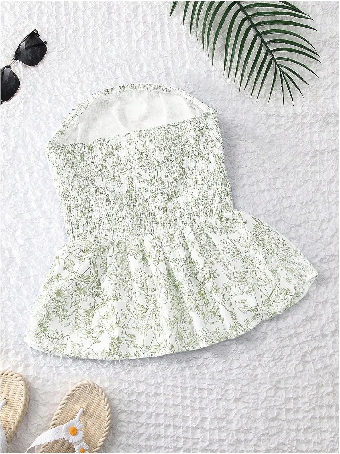 SHENHE Women's Floral Strapless Top Ruched Smocked Ruffle Hem Tube Top Cute Boho Top