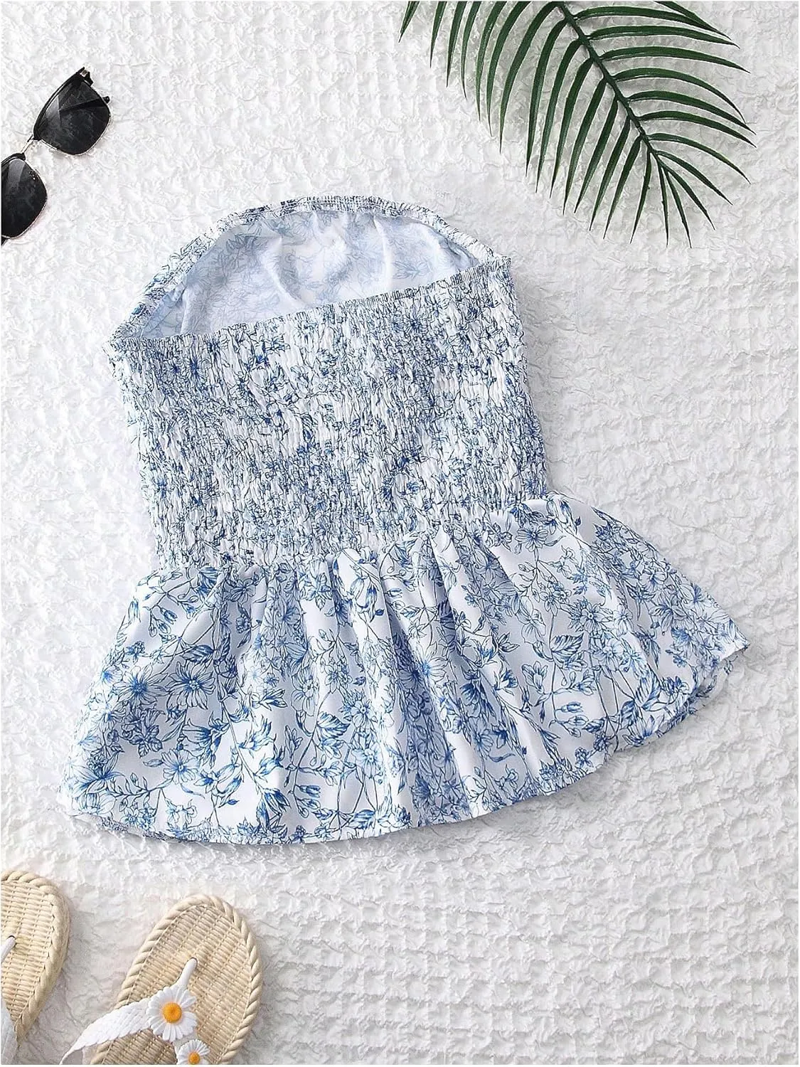 SHENHE Women's Floral Strapless Top Ruched Smocked Ruffle Hem Tube Top Cute Boho Top