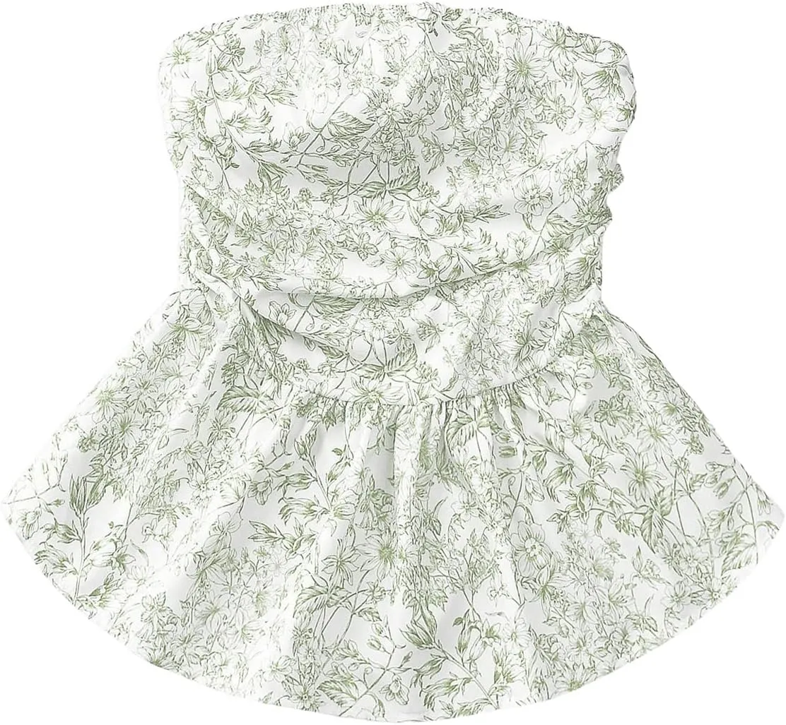 SHENHE Women's Floral Strapless Top Ruched Smocked Ruffle Hem Tube Top Cute Boho Top