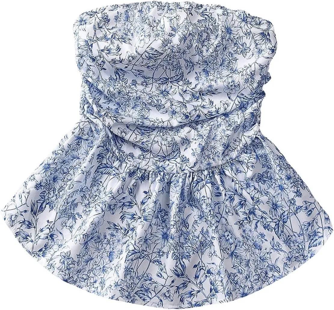 SHENHE Women's Floral Strapless Top Ruched Smocked Ruffle Hem Tube Top Cute Boho Top