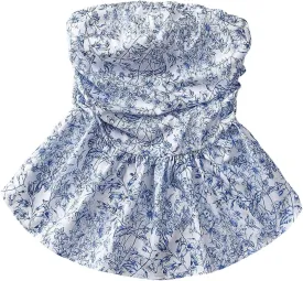 SHENHE Women's Floral Strapless Top Ruched Smocked Ruffle Hem Tube Top Cute Boho Top