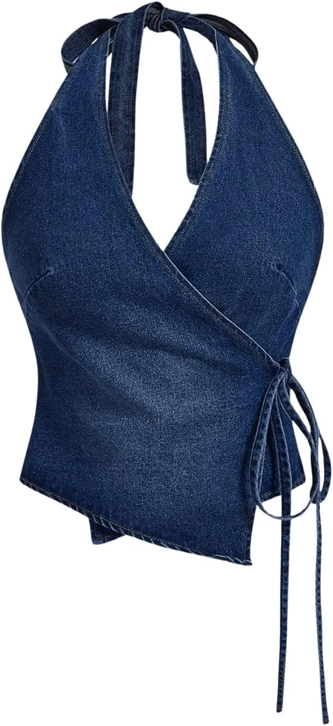 SHENHE Women's Halter Neck Denim Wrap Top Side Tie Backless Vintage Jean Top Shirt