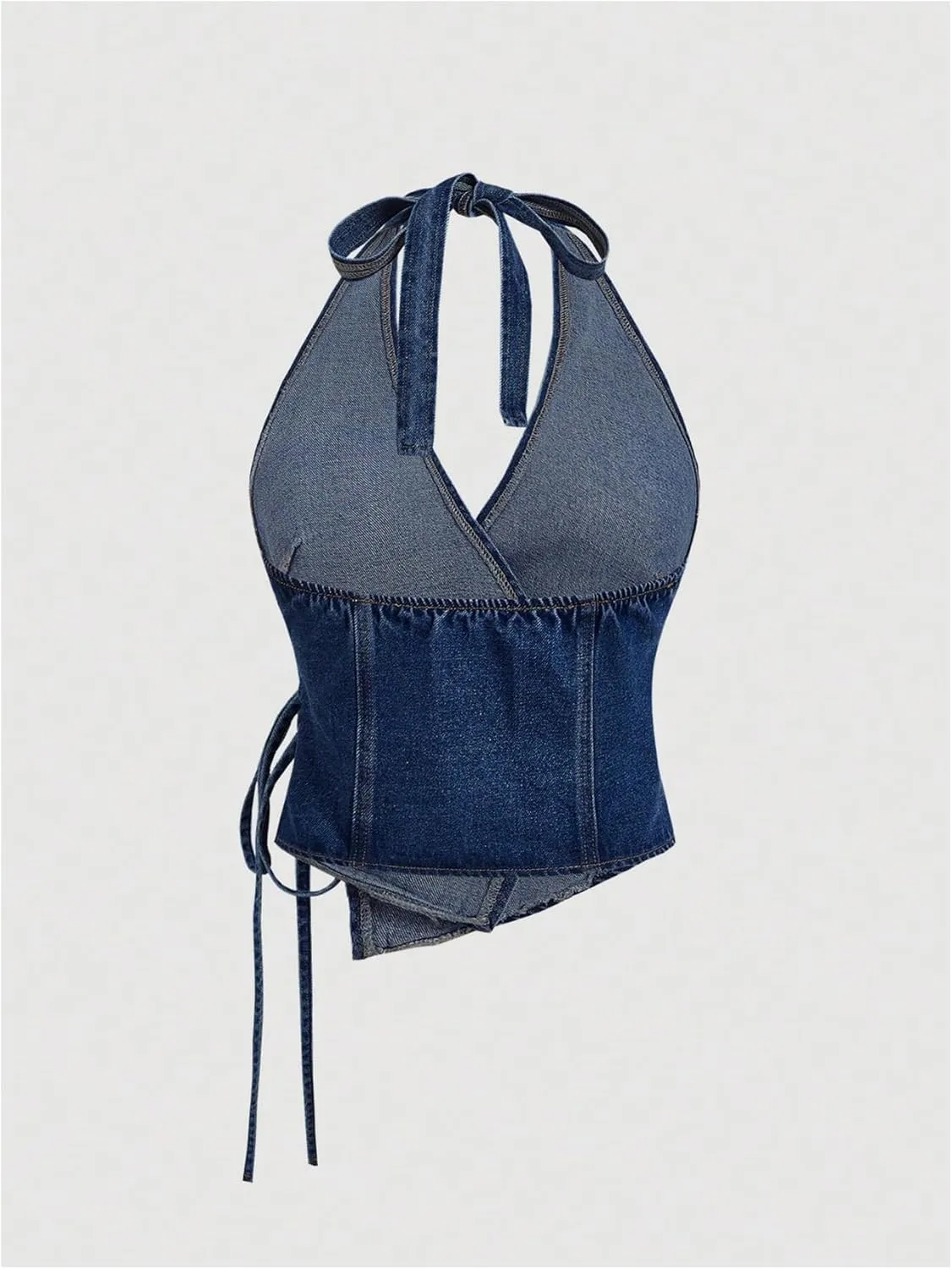 SHENHE Women's Halter Neck Denim Wrap Top Side Tie Backless Vintage Jean Top Shirt