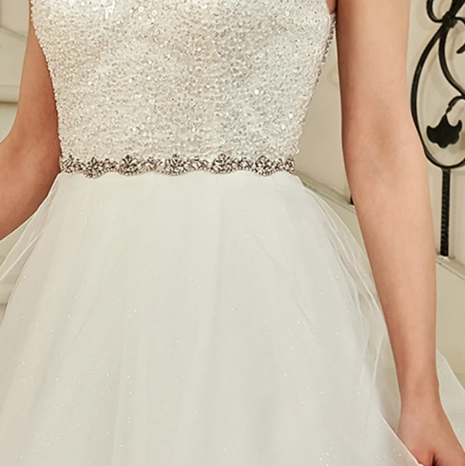 Shining Beaded Bodice Keyhole Back Ruffle Tulle Skirt Ball Gown