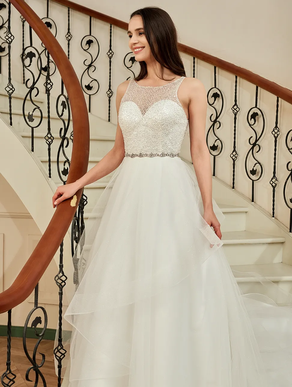 Shining Beaded Bodice Keyhole Back Ruffle Tulle Skirt Ball Gown