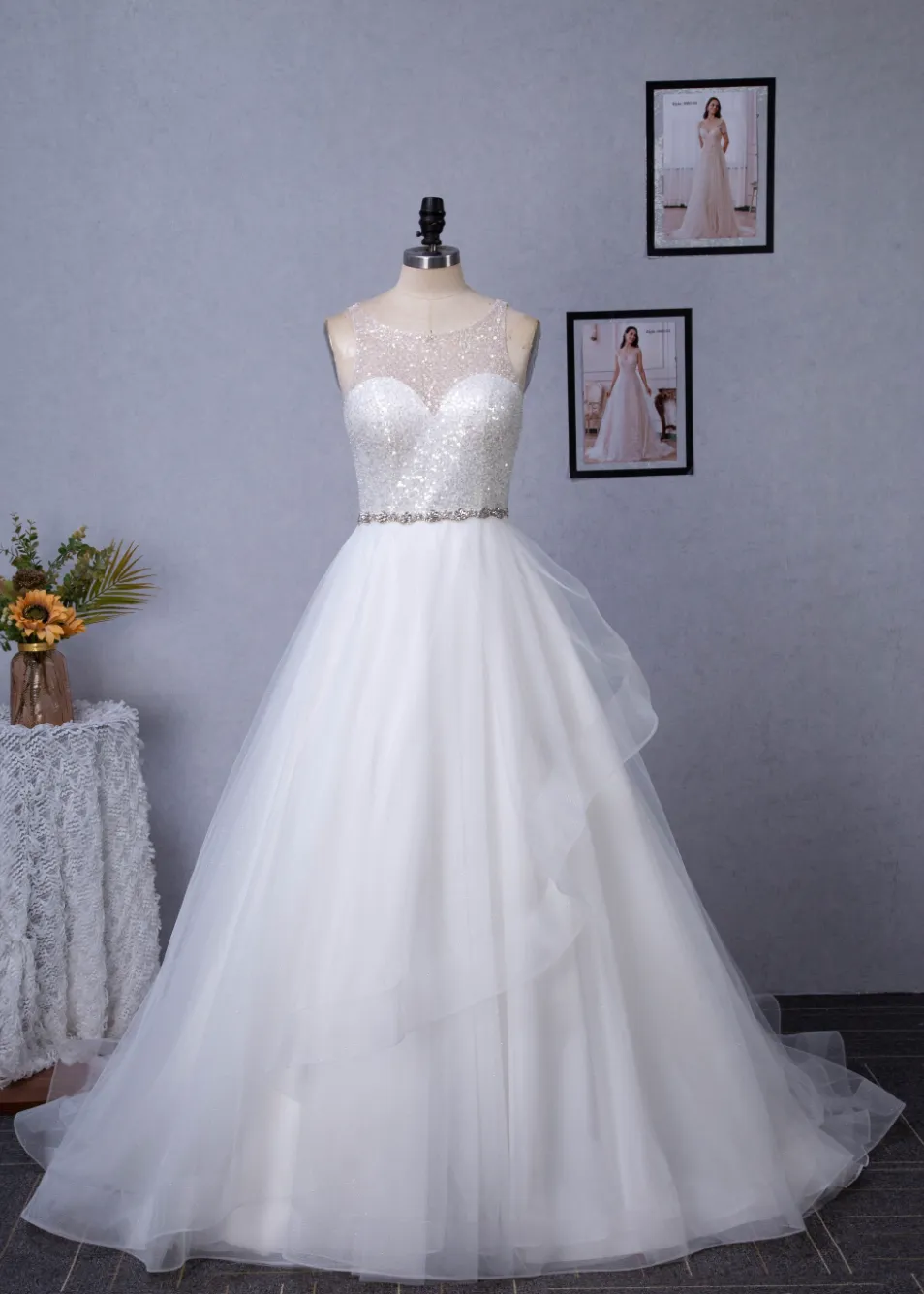 Shining Beaded Bodice Keyhole Back Ruffle Tulle Skirt Ball Gown