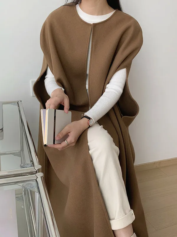 Solid Color Loose Sleeveless Round-Neck Outerwear Cape