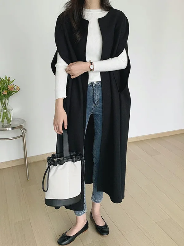 Solid Color Loose Sleeveless Round-Neck Outerwear Cape