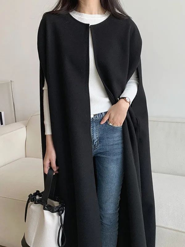 Solid Color Loose Sleeveless Round-Neck Outerwear Cape