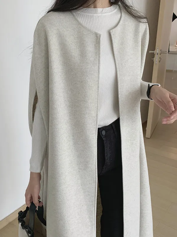 Solid Color Loose Sleeveless Round-Neck Outerwear Cape