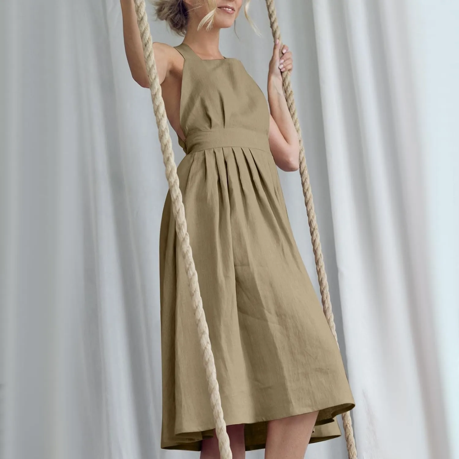 Summer Linen Dresses for Women 2025 Sleeveless Tie Bow Criss Cross Back Midi Sundress Pleated A-Line Beach Party Dress