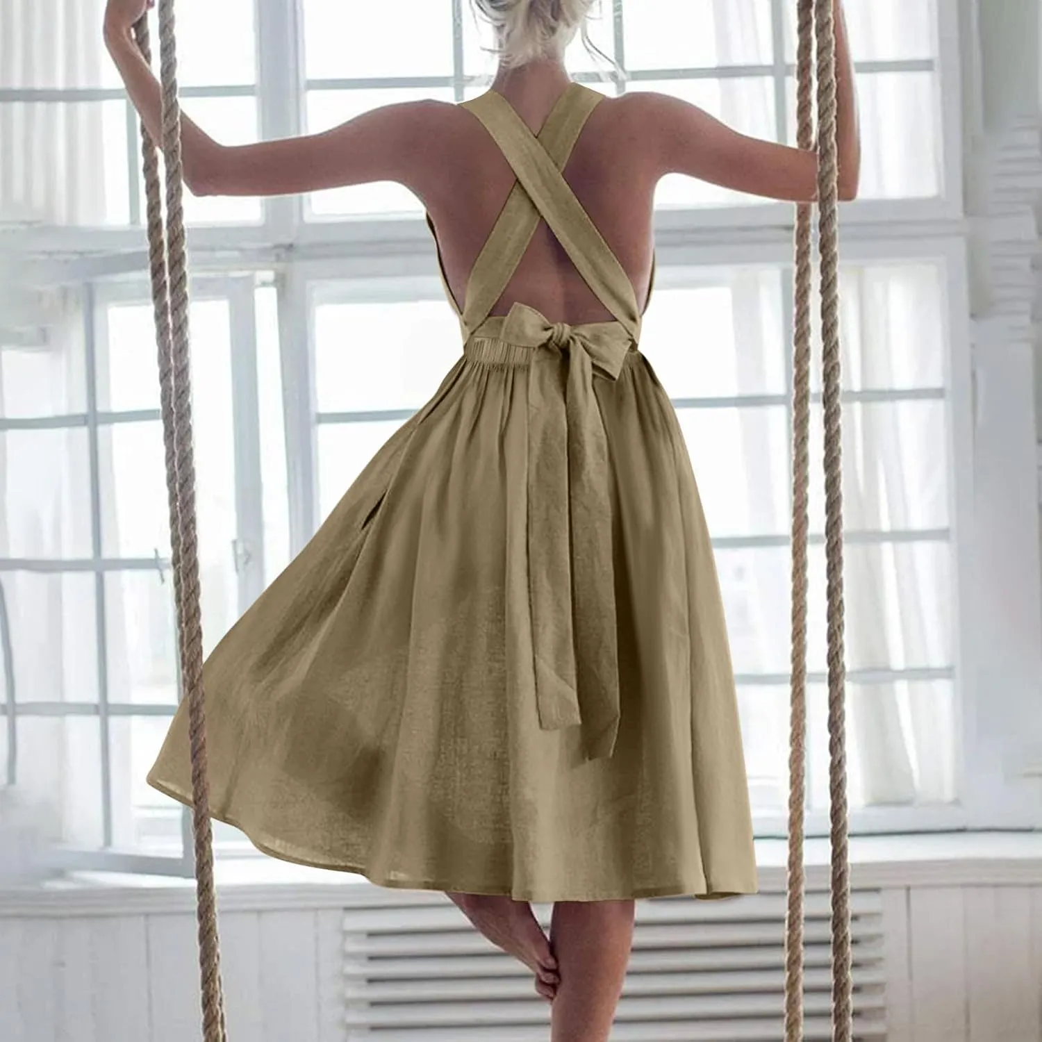 Summer Linen Dresses for Women 2025 Sleeveless Tie Bow Criss Cross Back Midi Sundress Pleated A-Line Beach Party Dress