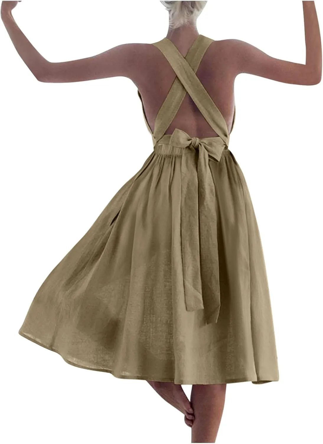 Summer Linen Dresses for Women 2025 Sleeveless Tie Bow Criss Cross Back Midi Sundress Pleated A-Line Beach Party Dress