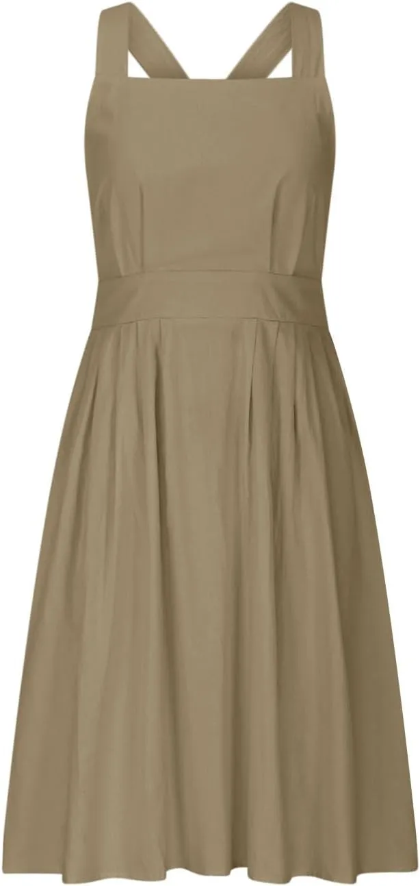 Summer Linen Dresses for Women 2025 Sleeveless Tie Bow Criss Cross Back Midi Sundress Pleated A-Line Beach Party Dress