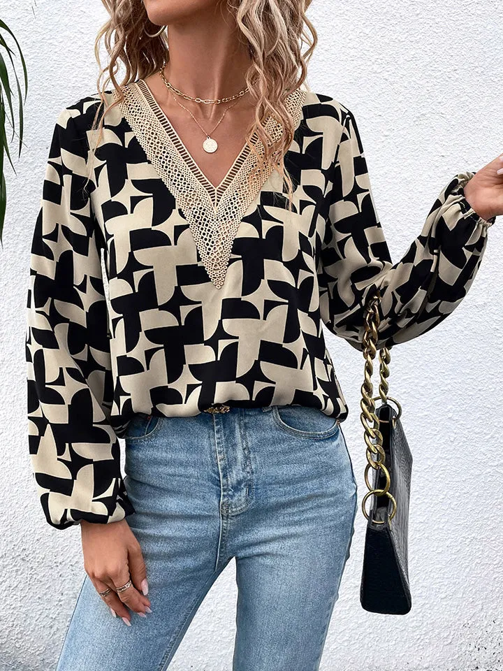 TEEK - Black Two-Tone Lace Balloon Sleeve Blouse