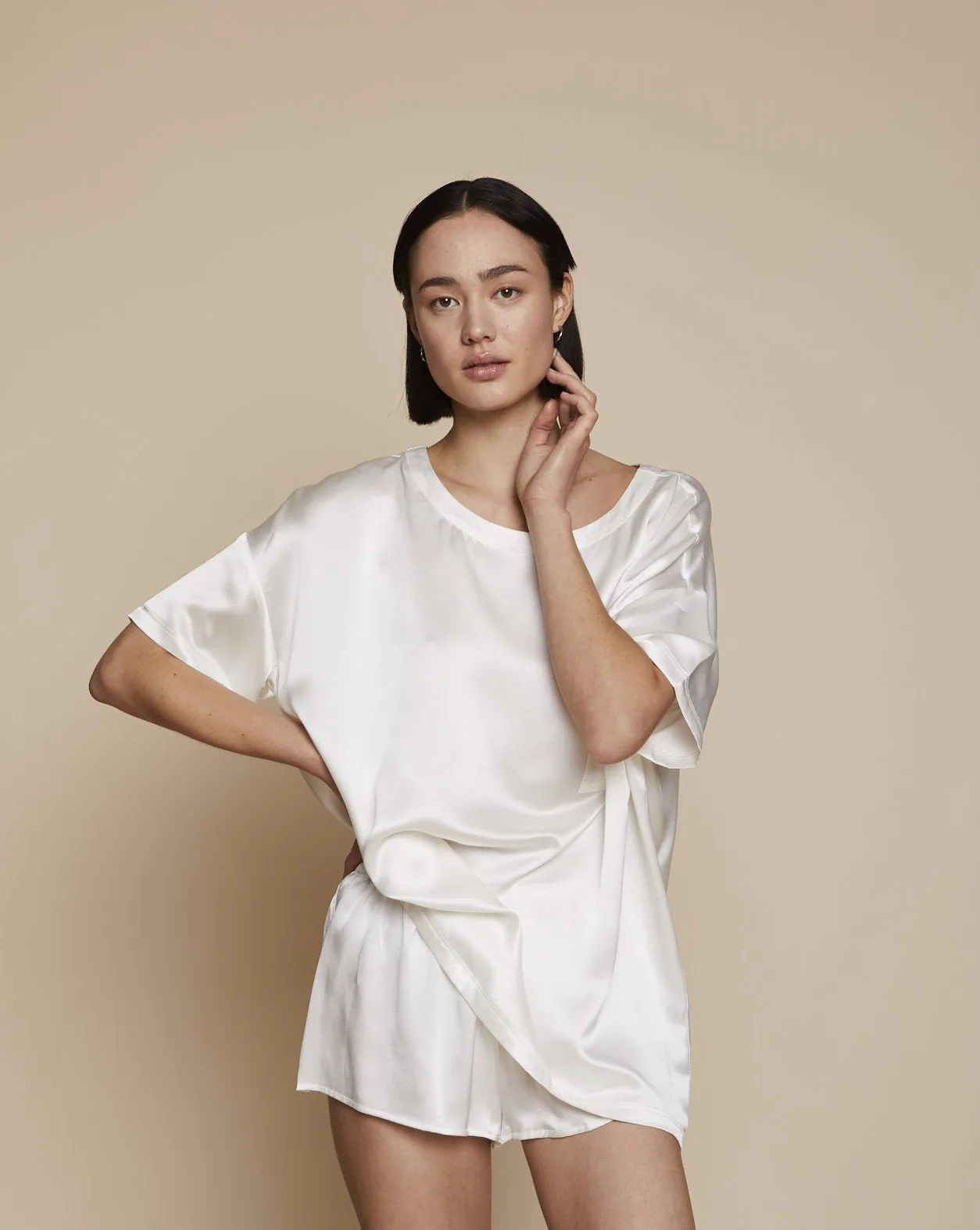 Thera Silk Shirt and Short in Moonlight White - Set