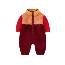 ﻿TINYCOTTONS - Color Block Polar Sherpa One-Piece - Deep Red / Peach