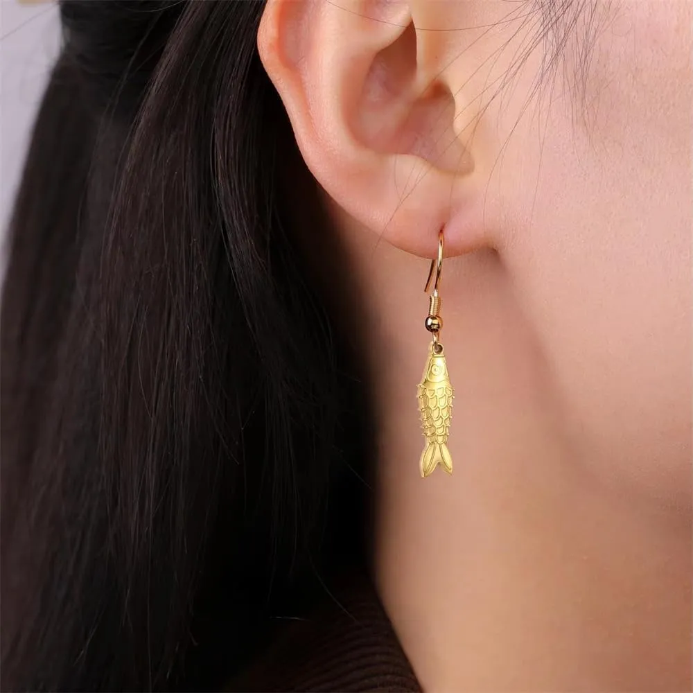 Unique 3D Stereo Tiny Fish Dangle Drop Earrings For Women Stainless Steel Chinese Style Cute Animal Fish Hook Statement Good Lucky Fashion Chic Hypoallergenihic Jewelry Birthday Gifts For Her