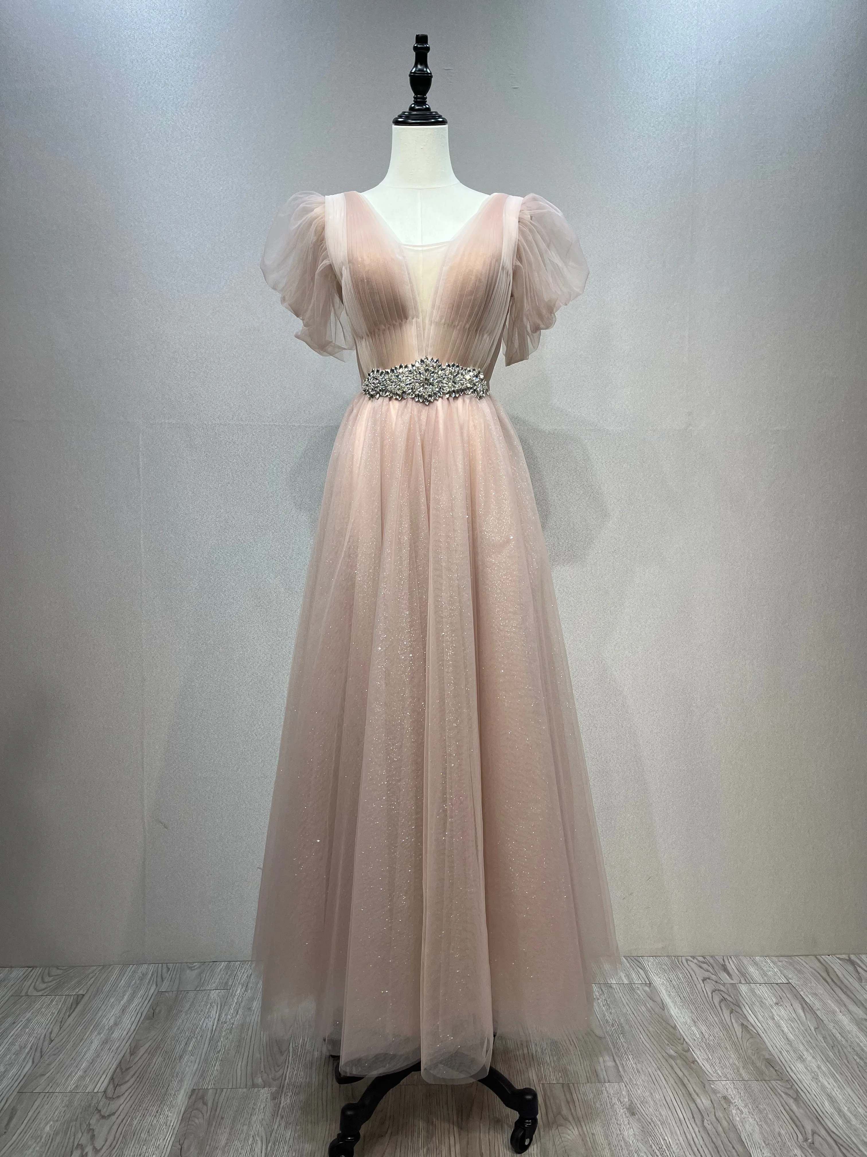 V Neck Glitter Tulle Ankle Length Dress Elegant Prom Dress #21336D