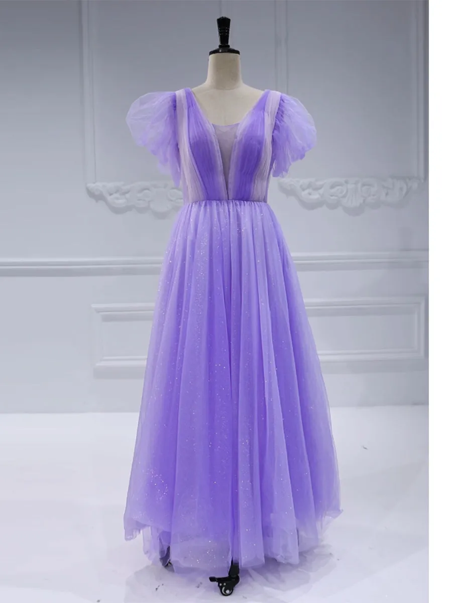 V Neck Glitter Tulle Ankle Length Dress Elegant Prom Dress #21336D